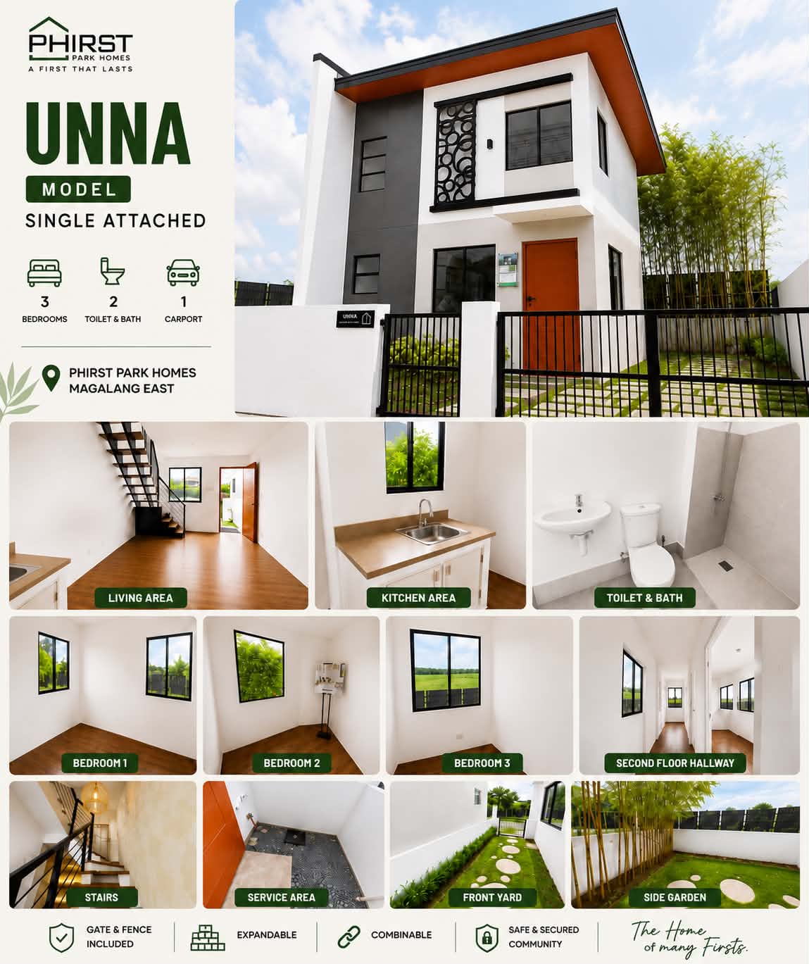 Unna model, single attached: 3 bedrooms, 2 toilet and bath, 1 carport — exterior and interior photos